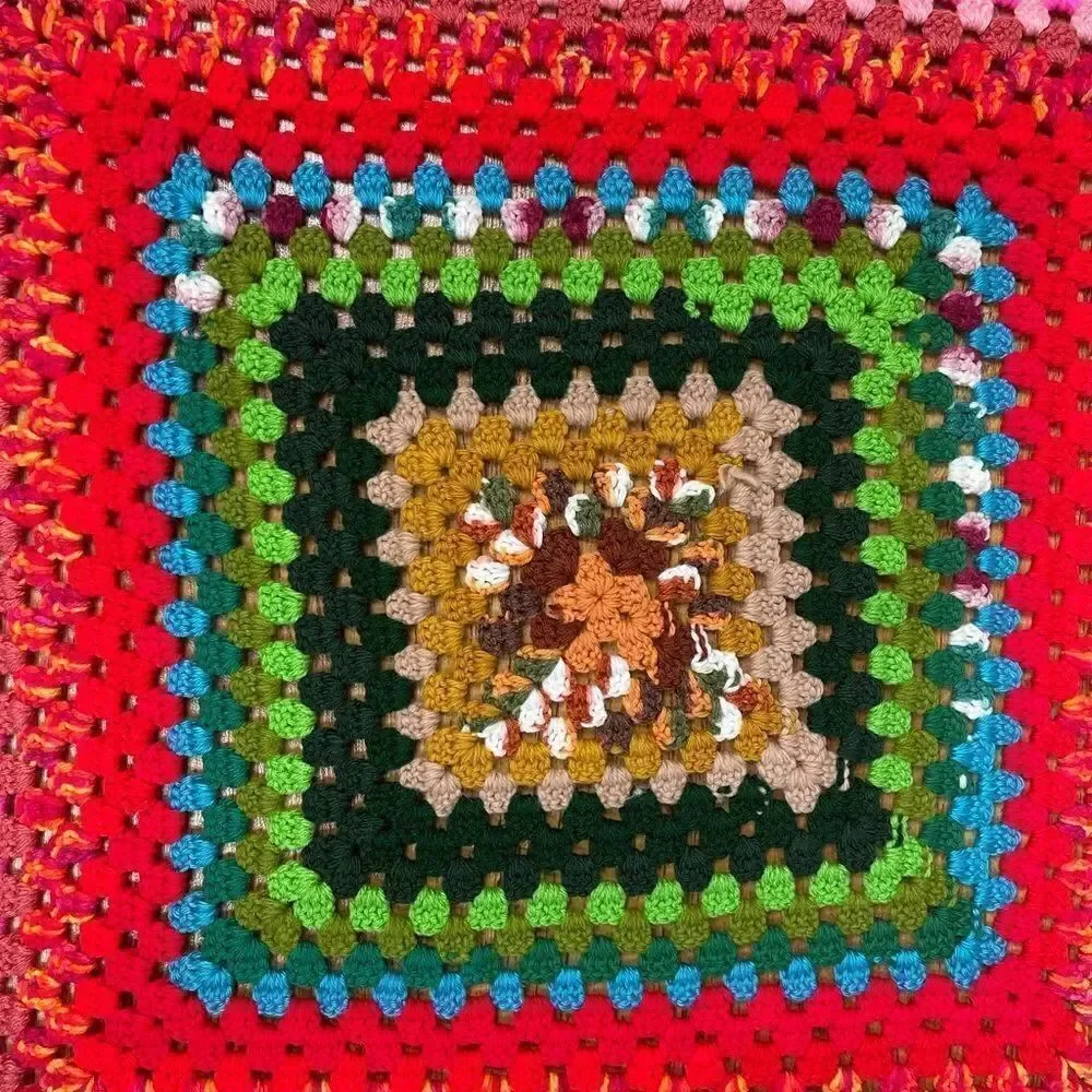 Vintage Afghan-Granny Blanket Multi Color Handmade 36x36 Boho 70s Sm Throw EUC